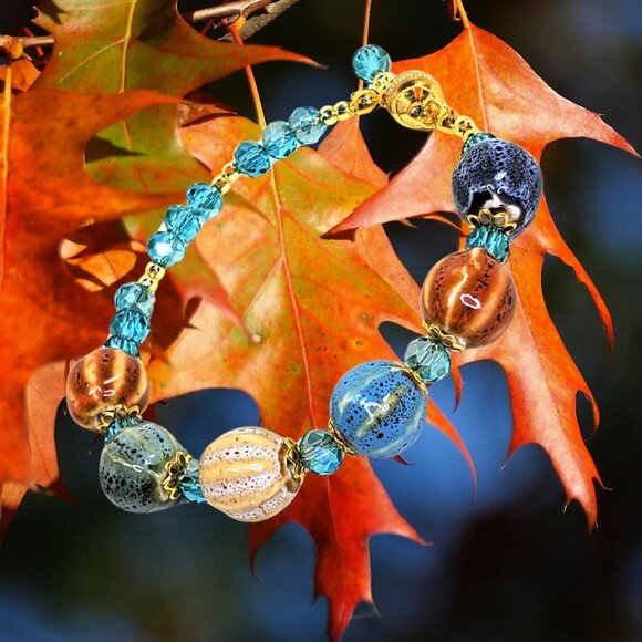 Pumpkin Charm and Crystal Fall Beaded Bracelet, Bracelet with Pumpkin Charms Cry - Picture 1 of 14